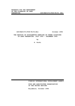 The Results of Zooplankton Sampling at Three Locations in Lake Tanganyika: July 1993 - December 1995
