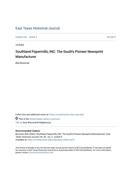 Southland Papermills, INC: the South's Pioneer Newsprint Manufacturer