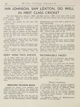 IAN JOHNSON, SAM LOXTON, DO WELL in FIRST CLASS CRICKET Two Old Boys—Ian Johnson (1933) and Sam Loxton (1934)—Have Been Well in the Cricket News