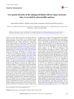 Low Genetic Diversity of the Endangered Indian Wild Ass Equus Hemionus Khur, As Revealed by Microsatellite Analyses