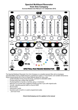 Spectral Multiband Resonator from 4Ms Company Eurorack Module User Manual V1.0.1 (September 2015)