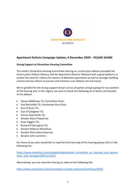 Apartment Defects Campaign Update, 4 December 2020 – PLEASE SHARE