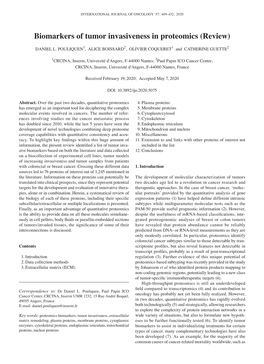 Biomarkers of Tumor Invasiveness in Proteomics (Review)