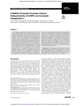 CAMKK2 Promotes Prostate Cancer Independently of AMPK Via Increased Lipogenesis Lucy Penfold1, Angela Woods1, Phillip Muckett1, Alexander Yu