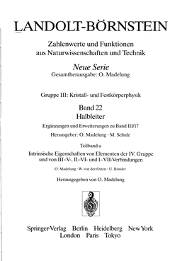 LANDOLT-BÖRNSTEIN Zahlenwerte Und Funktionen Aus Naturwissenschaften Und Technik Neue Serie