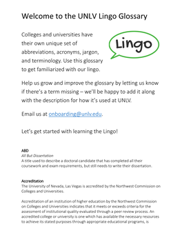 Welcome to the UNLV Lingo Glossary