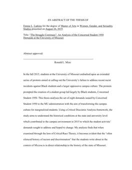 AN ABSTRACT of the THESIS of Emma L. Larkins for the Degree of Master of Arts in Women, Gender, and Sexuality Studies Presented