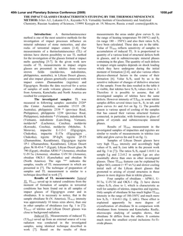 THE IMPACT GLASSES CHARACTERISTICS STUDYING by the THERMOLUMINESCENCE METHOD. Ivliev A.I., Lukanin O.A., Kuyunko N.S. Vernadsky