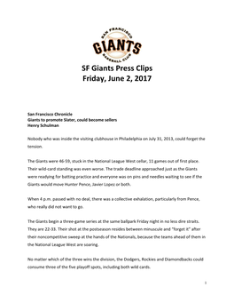 SF Giants Press Clips Friday, June 2, 2017