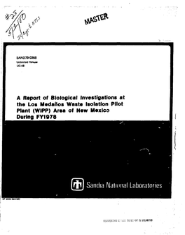 Report of Biological Investigations at the Los Medanos Waste Isolation Pilot Plant (WIPP) Area of New Mexico During FY1978