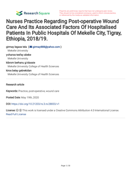 Nurses Practice Regarding Post-Operative Wound Care and Its Associated Factors of Hospitalised Patients in Public Hospitals of Mekelle City, Tigray, Ethiopia, 2018/19