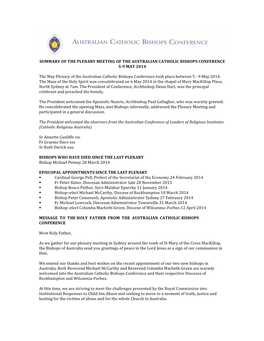 Summary of the Plenary Meeting of the Australian Catholic Bishops Conference 5-9 May 2014