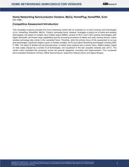 Home Networking Semiconductor Vendors, Moca, Homeplug, Homepna, G.Hn CA-1099 Competitive Assessment Introduction