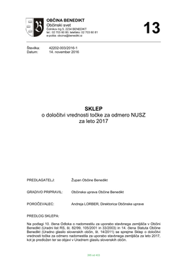 SKLEP O Določitvi Vrednosti Točke Za Odmero NUSZ Za Leto 2017