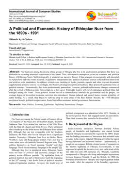 A Political and Economic History of Ethiopian Nuer from the 1890S - 1991