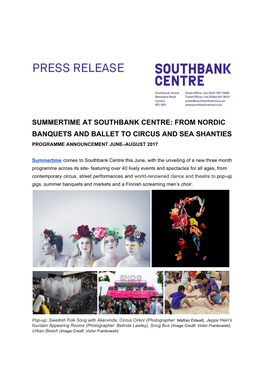Summertime at Southbank Centre: from Nordic Banquets and Ballet to Circus and Sea Shanties Programme Announcement June–August 2017