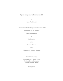 Operator Algebras in Solovay's Model by Andre Val Kornell a Dissertation