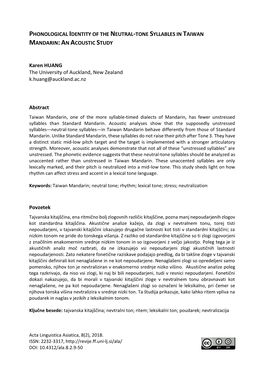 Phonological Identity of the Neutral-Tone Syllables in Taiwan Mandarin: an Acoustic Study