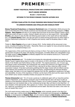 Disney Theatrical Productions and Cameron Mackintosh’S Multi Award-Winning M a R Y P O P P I N S Returns to the Prince Edward Theatre Autumn 2019