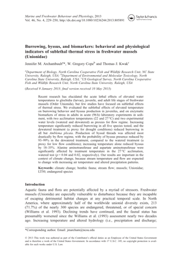 Burrowing, Byssus, and Biomarkers: Behavioral and Physiological Indicators of Sublethal Thermal Stress in Freshwater Mussels (Unionidae) Jennifer M