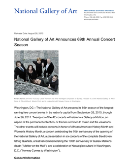 National Gallery of Art Announces 69Th Annual Concert Season