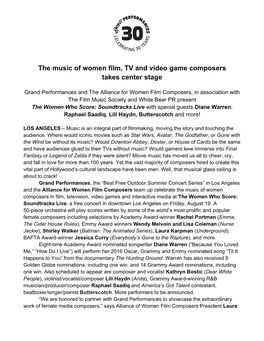 August 2, 2016 the Music of Women Film, Tv and Video Game