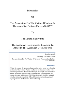 Submission of the Association for the Victims of Abuse in the Australian Defence Force A0059257 to the Senate Inquiry Into