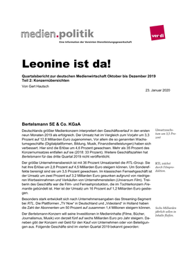 Leonine Ist Da! Quartalsbericht Zur Deutschen Medienwirtschaft Oktober Bis Dezember 2019 Teil 2: Konzernübersichten Von Gert Hautsch 23