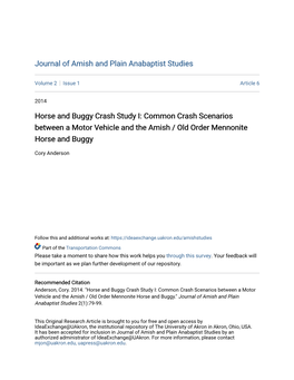 Common Crash Scenarios Between a Motor Vehicle and the Amish / Old Order Mennonite Horse and Buggy