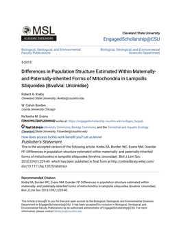 And Paternally-Inherited Forms of Mitochondria in Lampsilis Siliquoidea (Bivalvia: Unionidae)