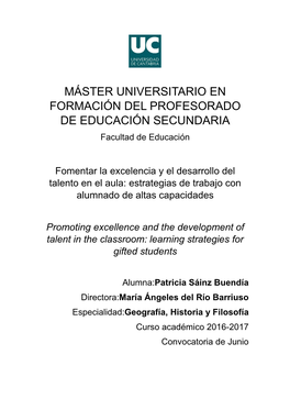 MÁSTER UNIVERSITARIO EN FORMACIÓN DEL PROFESORADO DE EDUCACIÓN SECUNDARIA Facultad De Educación