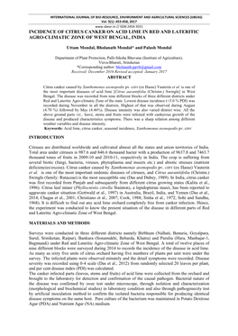 Incidence of Citrus Canker on Acid Lime in Red and Lateritic Agro-Climatic Zone of West Bengal, India