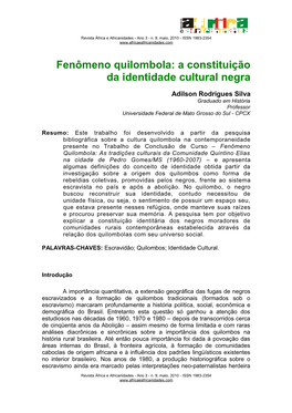 Fenômeno Quilombola: a Constituição Da Identidade Cultural Negra