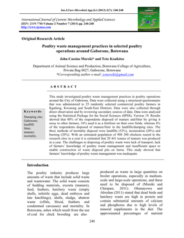 Poultry Waste Management Practices in Selected Poultry Operations Around Gaborone, Botswana