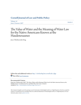 The Value of Water and the Meaning of Water Law for the Native Americans Known As the Haudenosaunee*