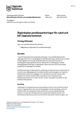 Åtgärdsplan Pendlarparkeringar För Cykel Och Bil I Uppsala Kommun