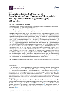 Complete Mitochondrial Genome of Suwallia Teleckojensis (Plecoptera: Chloroperlidae) and Implications for the Higher Phylogeny of Stoneﬂies