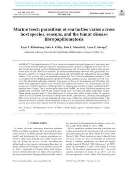 Marine Leech Parasitism of Sea Turtles Varies Across Host Species, Seasons, and the Tumor Disease Fibropapillomatosis