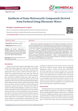 Synthesis of Some Heterocyclic Compounds Derived from Furfural Using Ultrasonic Waves