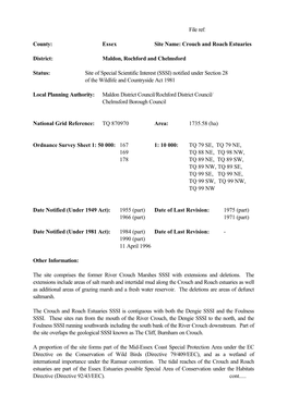 File Ref: County: Essex Site Name: Crouch and Roach Estuaries