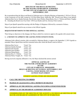 Minutes of the Regular Meeting of the Mayor and Board of Aldermen of the City of Starkville, Mississippi September 3, 2019