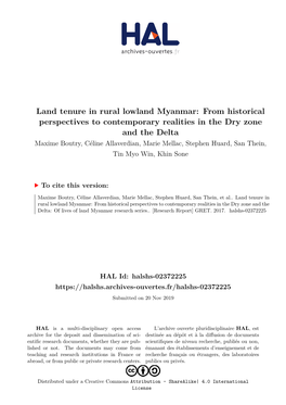 Land Tenure in Rural Lowland Myanmar