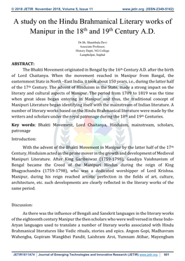 A Study on the Hindu Brahmanical Literary Works of Manipur in the 18Th and 19Th Century A.D