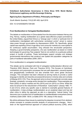 Ordoliberal Authoritarian Governance in China Since 1978: World Market, Performance Legitimacy and Bio-Sovereign Ordering