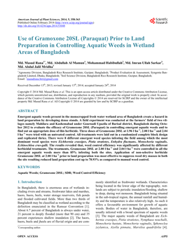 Use of Gramoxone 20SL (Paraquat) Prior to Land Preparation in Controlling Aquatic Weeds in Wetland Areas of Bangladesh