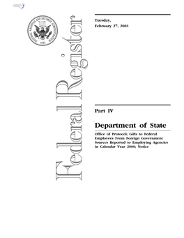 Department of State Office of Protocol; Gifts to Federal Employees from Foreign Government Sources Reported to Employing Agencies in Calendar Year 2000; Notice
