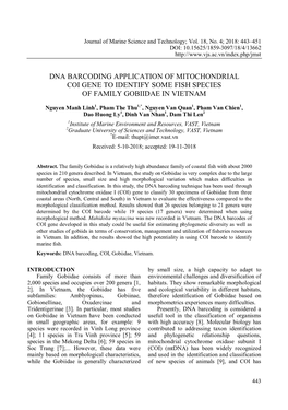 Dna Barcoding Application of Mitochondrial Coi Gene to Identify Some Fish Species of Family Gobiidae in Vietnam