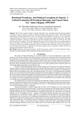 Rotational Presidency and Political Corruption in Nigeria: a Critical Evaluation of President Obasanjo and Umoru Musa Yar’ Adua’S Regime, 1999-2010