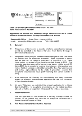 Committee and Date Item Licensing and Safety Sub- Committee