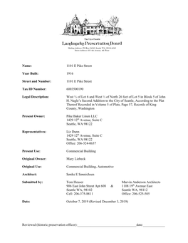 Landmark Nomination Application Name: 1101 E Pike Street Year Built: 1916 Street and Number: 1101 E Pike Street Tax ID Number